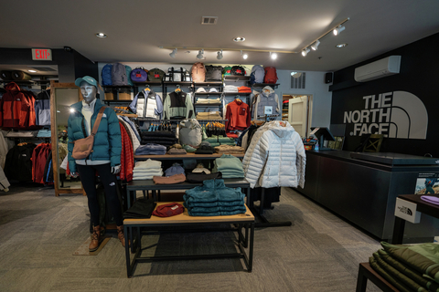 Display of apparel from The North Face available in the Stratton North face store