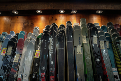 Selection of skis available in the first run village