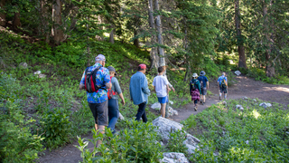 Group hiking to Lake Solitude.