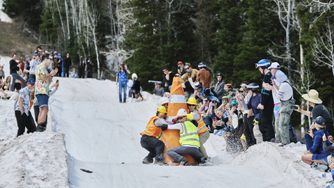 Guests ride a cone in Solitude Mountain Resorts Cardboard Derby. 