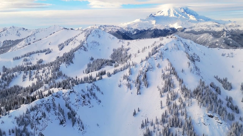 Drone shot of Mt. Rainier and Crystal Mountain on a bluebird day. 
