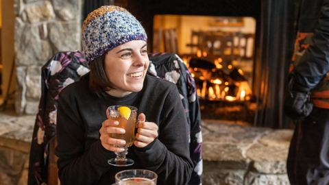 Emily Cormier, John Nguyen, Tyler Ditto, Alexa Naase, and Kyla Tacopina enjoy après at St. Bernard's at Solitude Mountain Resort. 