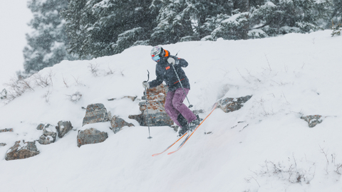 A Solitude Freeride team skier drops a cliff at Solitude Mountain Resort