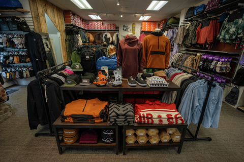 display of winter clothing, snowboard jackets and snowboard pants at syd and dustys in the stratton village