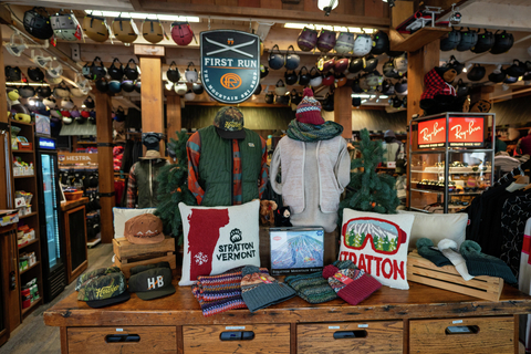 gifts pillow and hats on display at first run ski shop in the village