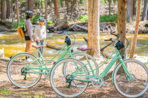 two e-bikes parked along the Fraser River Trail while two women look at the river in the background