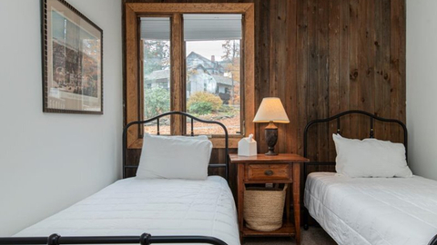 wood accent wall and large window at 19 middle ridge vacation rental
