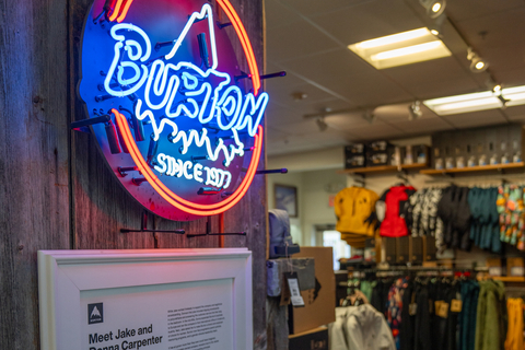 an illuminated Burton sign hangings in the stratton snowboard shop burton store