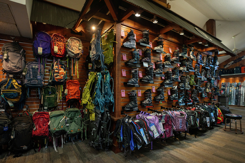 ski botts and backpacks on display in the stratton village at first run