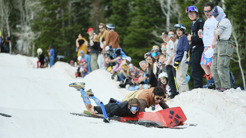 Guests crash in Solitude Mountain Resorts Cardboard Derby. 