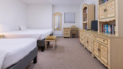 spacious guest bedroom with double beds, vintage furniture, and cozy carpet at 19 middle ridge vacation rental