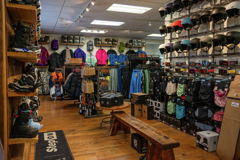 Display of products available in the Stratton burton shop include helmets, bindings, boots, bags, jackets and pants