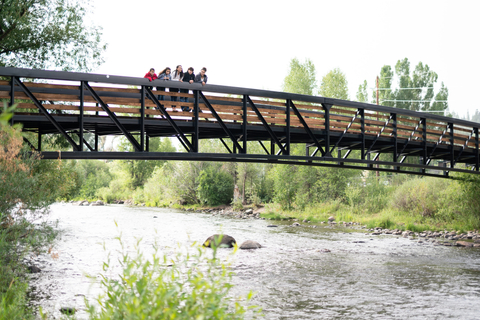 Family walking on bridge in town