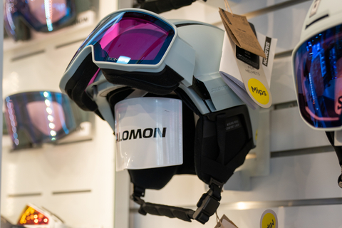 display of Salomon ski helmets and salomon ski goggles available in the stratton village