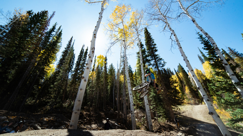 Dillon Flinders does a whip on Pyrite Plunge at Solitude Bike Park