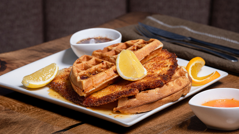 The Pottery Alpine Restaurant, Brunch Menu, Chicken Schnitzel and Waffles