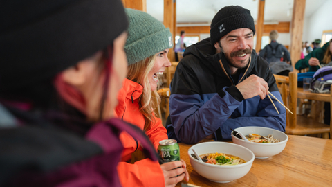 Friends eat lunch at Mein Street Noodle Bar in Upper Last Chance Lodge at Solitude Mountain Resort.