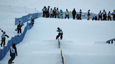 Skiers and snowboarders participate in the Soli Parks Steel Showdown Rail Jam at Solitude Mountain Resort.