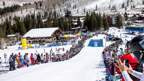 Guests enjoy the Pond Skim Beach Party at Solitude Mountain Resort