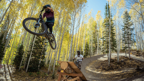 Two mountain bikers ride a wood feature on Unleaded at Solitude Bike Park